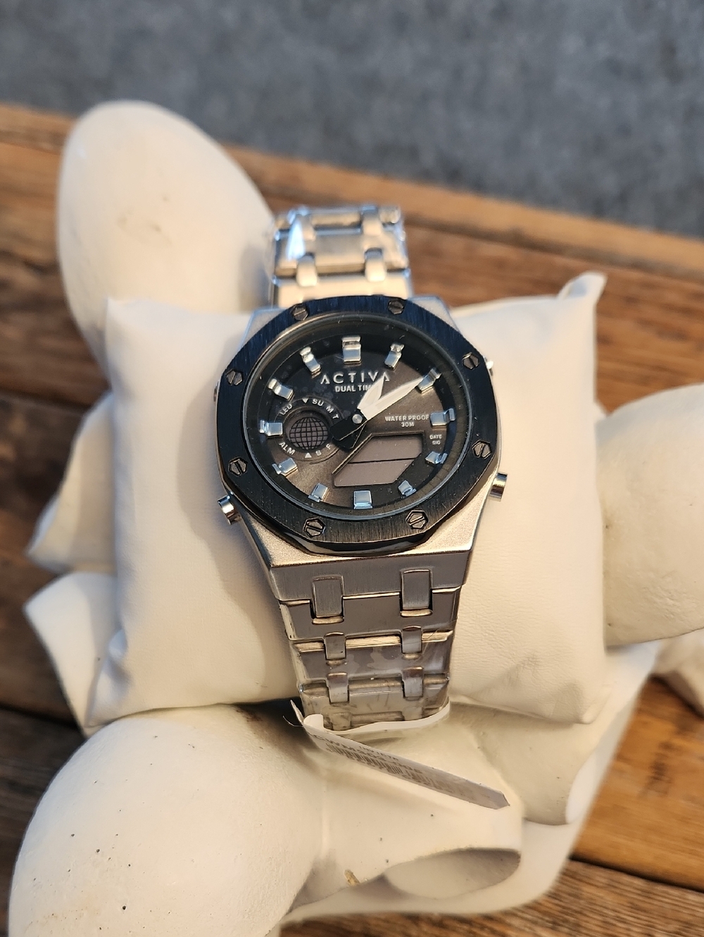 Activa Silver Tone Stainless Steel Bracelet Watch with Black Bezel Accent